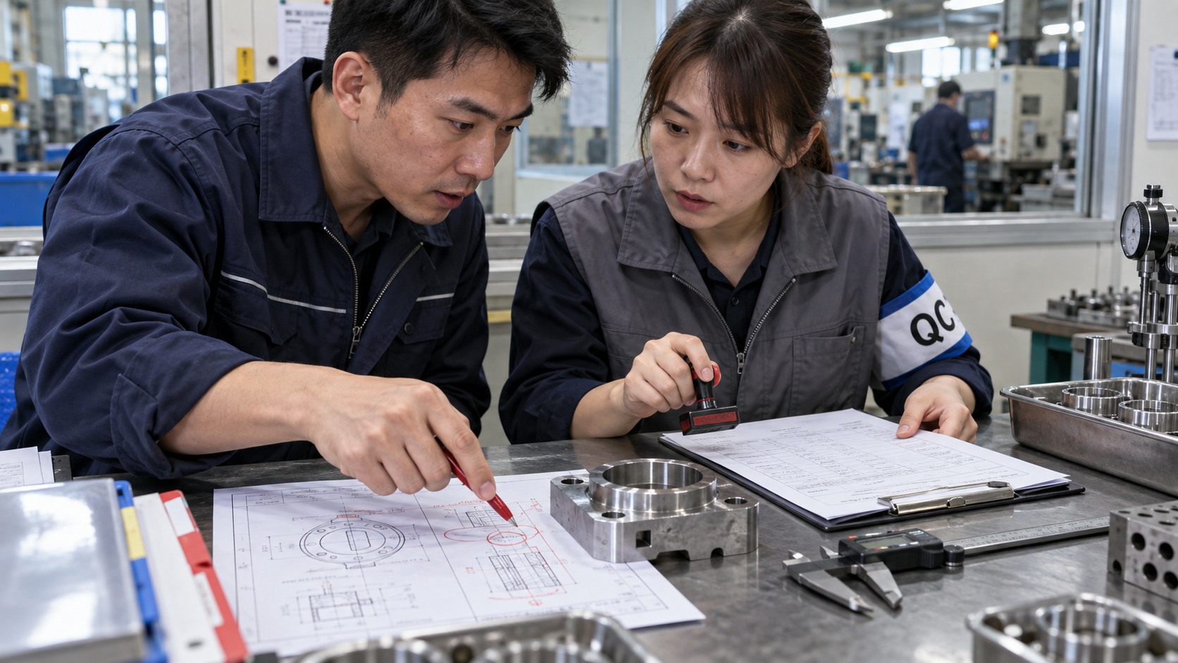 工程與品管人員在製造現場共同覆核圖面、檢驗表和實際零件