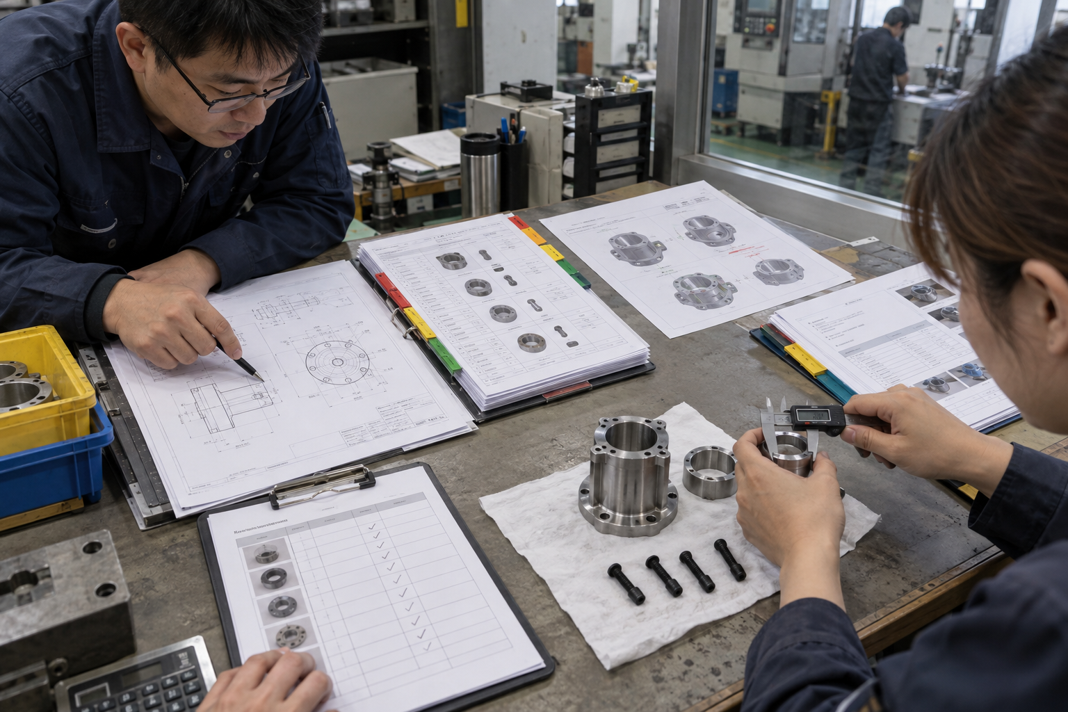 左側是一疊未整理的 CAD 與品質文件，右側是製造、檢驗、AOI 報告與知識圖譜被語意關係連結起來的示意圖