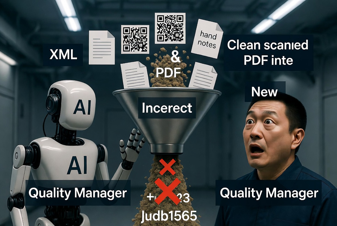 把 XML、QR、文字層 PDF、掃描件與手寫件全部倒進同一個漏斗、用同一套規則自動判定，最後產出錯誤結果的示意圖