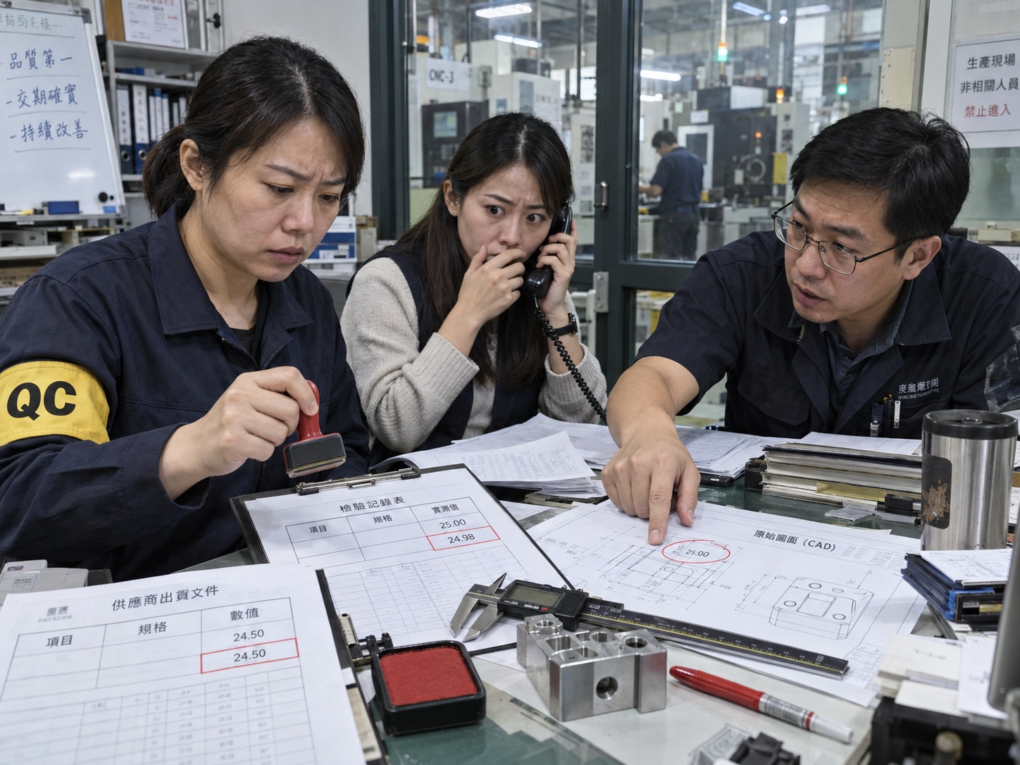供應商文件、原始 CAD 圖與量測表放在同一張工作桌上，由人員確認資料是否一致