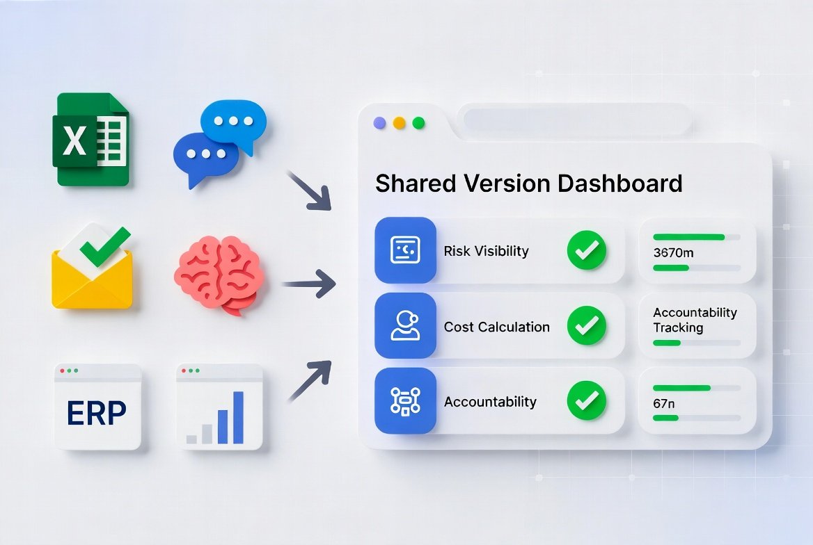 從 Excel、即時通訊、電子郵件、ERP 與報表等分散來源彙整成共同版本儀表板，呈現風險可視、成本可算、責任可追蹤的示意圖