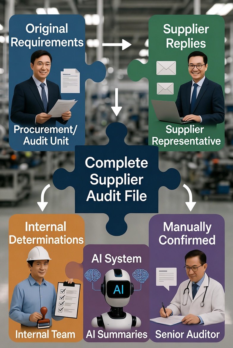 把供應商稽核資料分層的示意圖：原始要求、供應商回覆、內部判定、AI 摘要與人工確認，組成一份完整的供應商稽核檔案